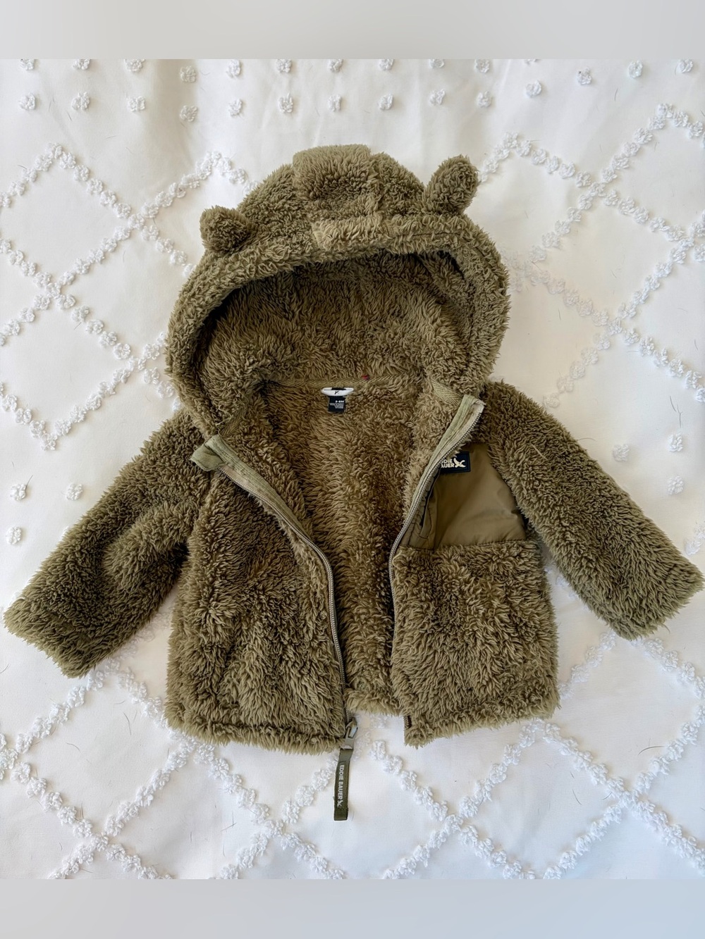Eddie Bauer Cozy Olive Green Teddy Bear Hooded Jacket baby 3-6 mo